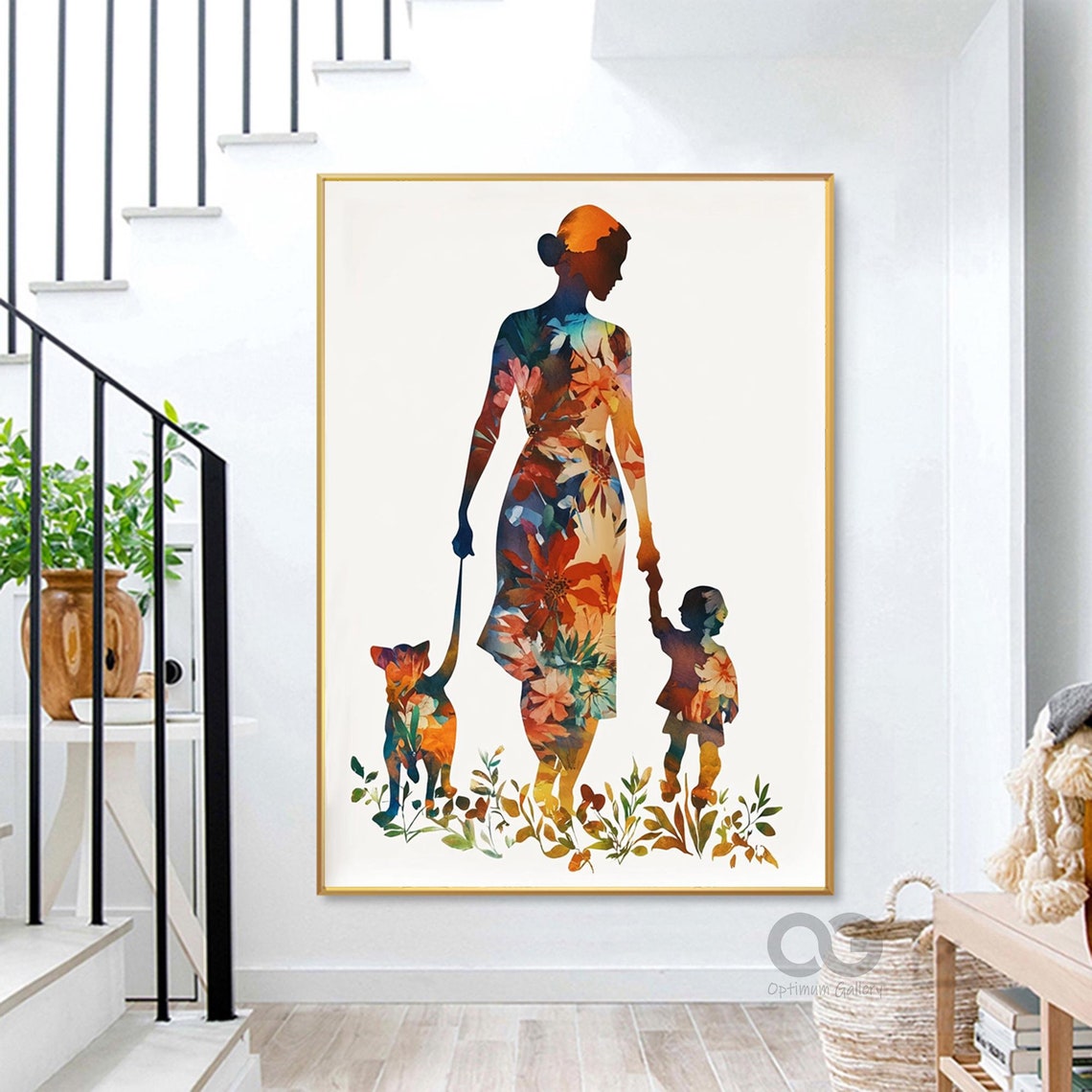 Abstract Colorful Silhouette Of Mother Child And Dog Floral Dress Simple Line Wall Art Gift For Girl Textured Modern Abstract Art Wall Decor