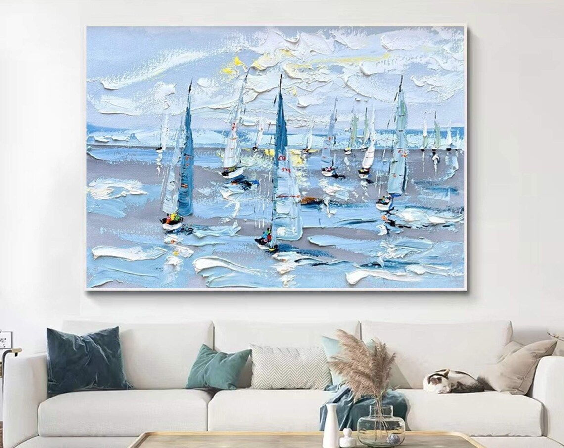 Blue Sailboat Regatta Impasto Textured Sailing Boat Ocean Wall Art Poster
