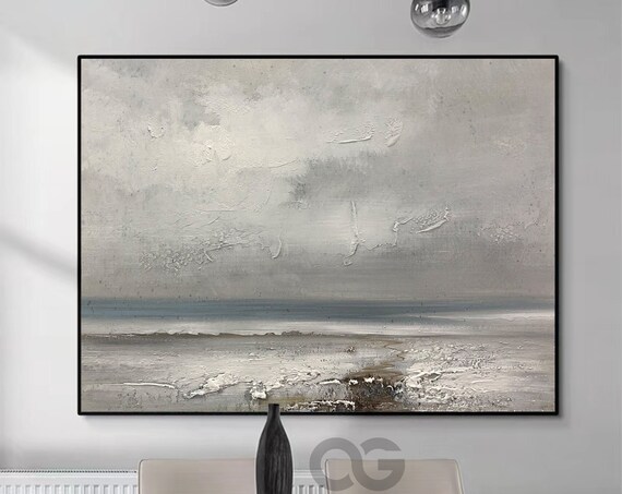 Muted Gray Abstract Beach Seascape Textured Minimalist Painting Wall Art