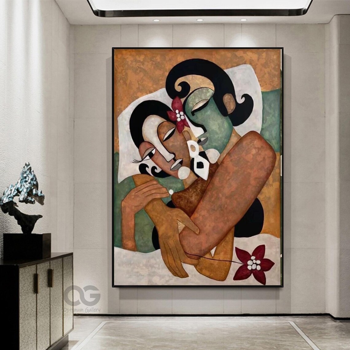 Embracing Couple Abstract Warm Earth Tone Closed Eyes Floral Art Poster