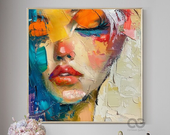 Thick Impasto Abstract Face Red Lips Colorful Textured Oil Painting Poster