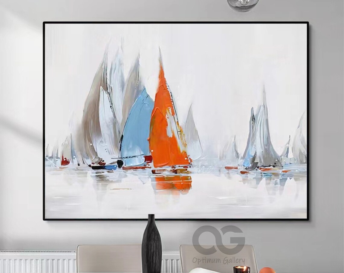 Abstract Sailboat Painting Orange Sail Grey White Sails Calm Water Wall Art Poster - Image 5