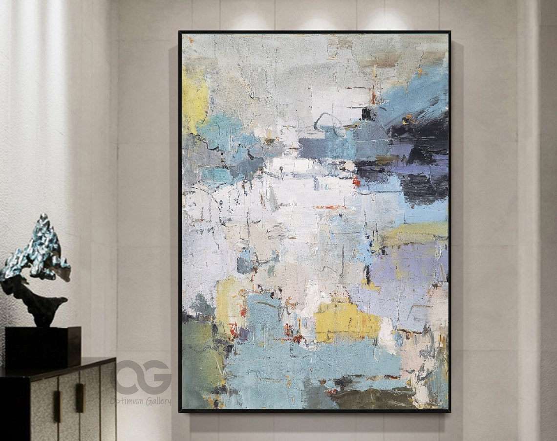 Blue Grey Yellow Abstract Textured Modern Vertical Oil Painting Poster - Image 5