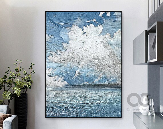 Blue Sky White Clouds Ocean Waves Textured Impasto Modern Painting Wall Art