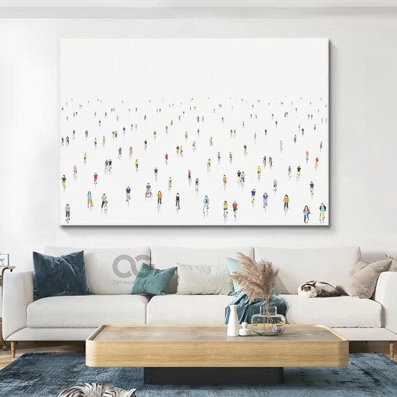 Framed People Ride Bicycles Abstract Painting Color Bicycles Wall Art Large Landscape Painting White Textured Bicycles Wall Art Home Decor
