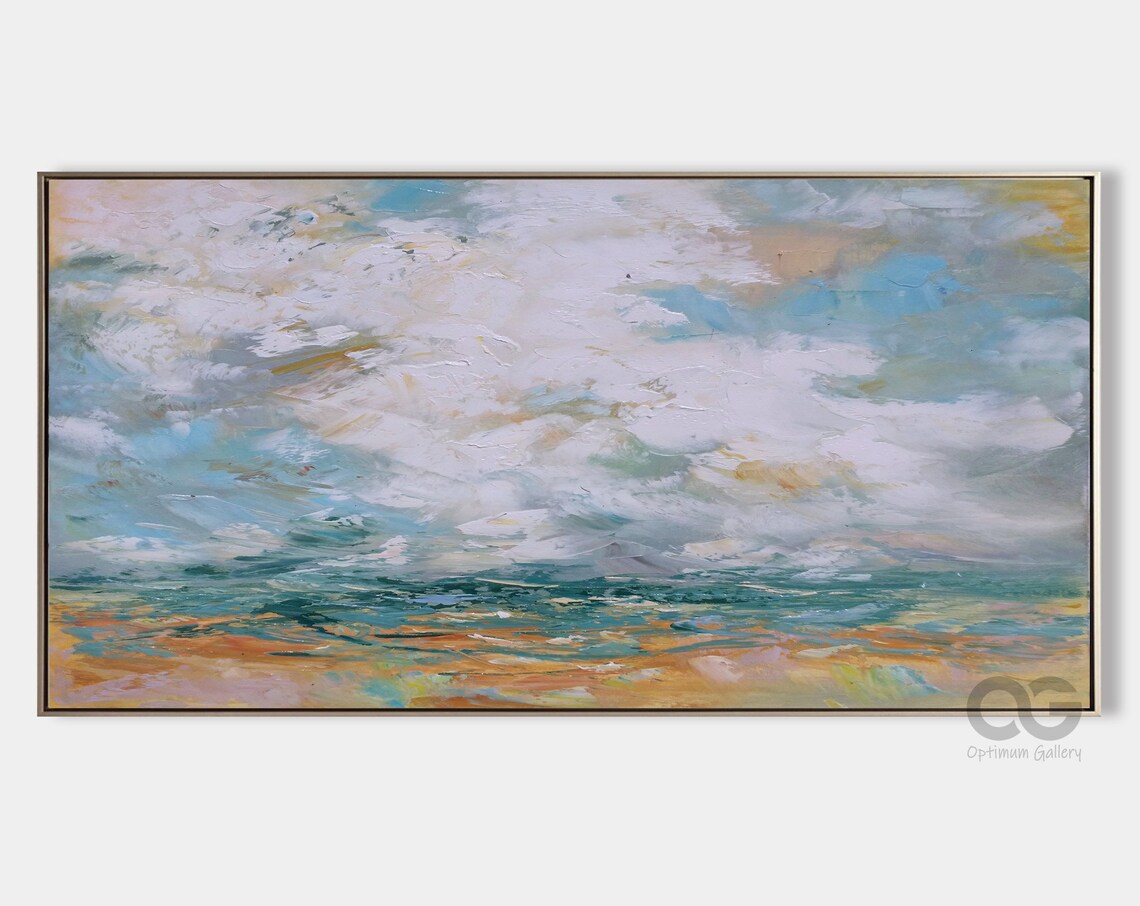 Abstract Seascape Painting Cloudy Sky Golden Sea Panoramic Beach Wall Art Poster - Image 5