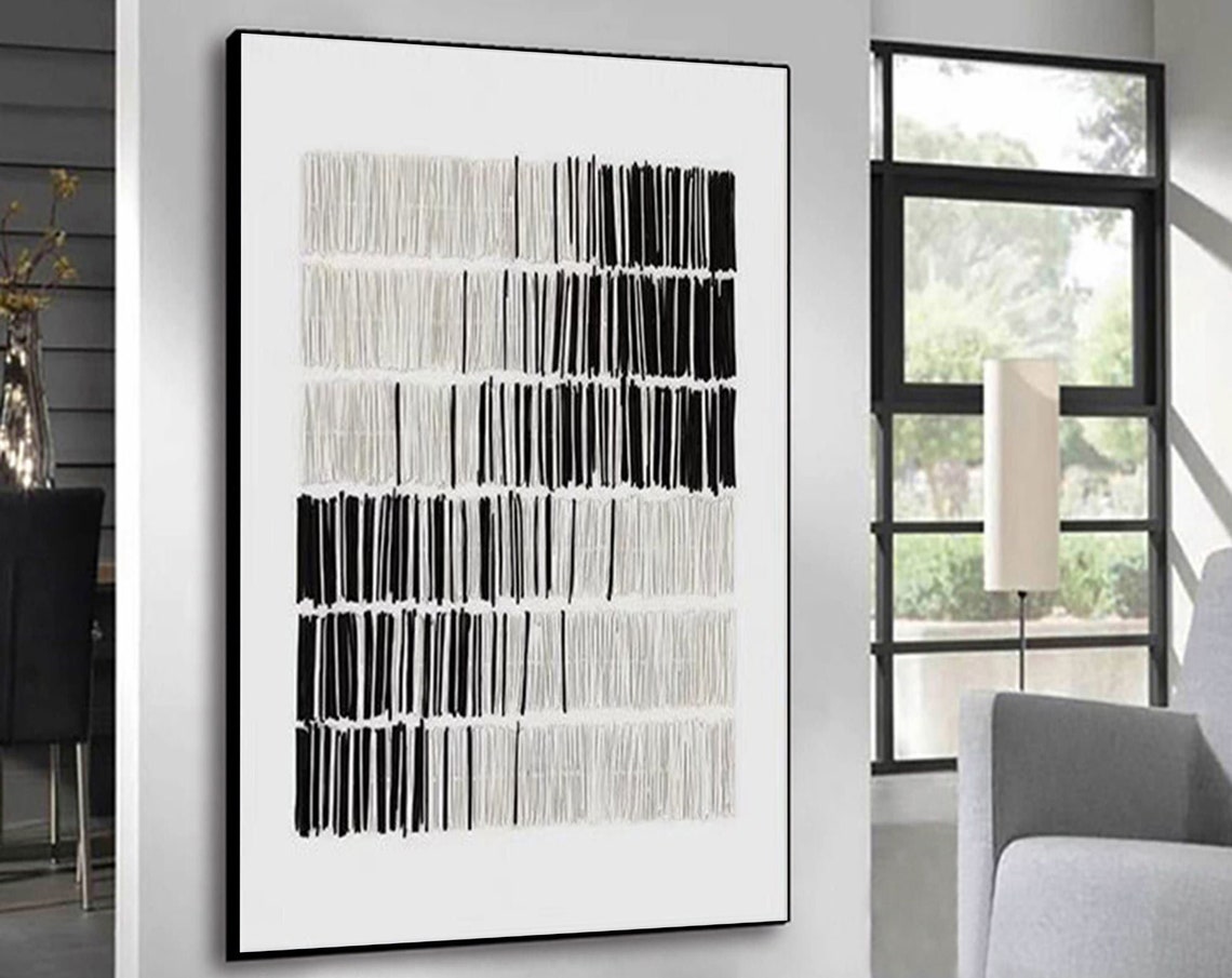 Black White Vertical Dash Grid Modern Monochrome Abstract Art Poster - Image 5