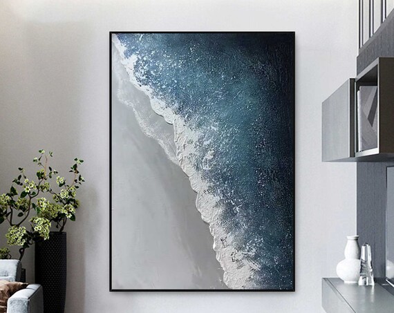 Moody Navy Wave Foam Diagonal Aerial Grey Shore Vertical Art Poster