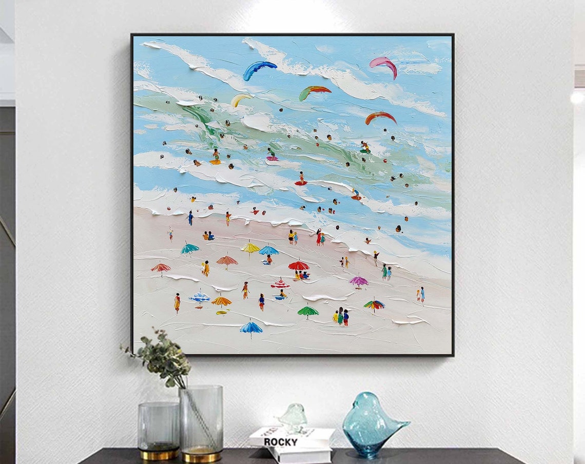Sunny Beach Umbrellas Kitesurfers Textured Waves Crowded Shore Poster