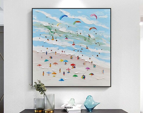 Sunny Beach Umbrellas Kitesurfers Textured Waves Crowded Shore Poster