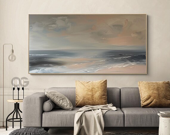 Blush Pink Ocean Sunset Waves Panoramic Impressionist Seascape Poster