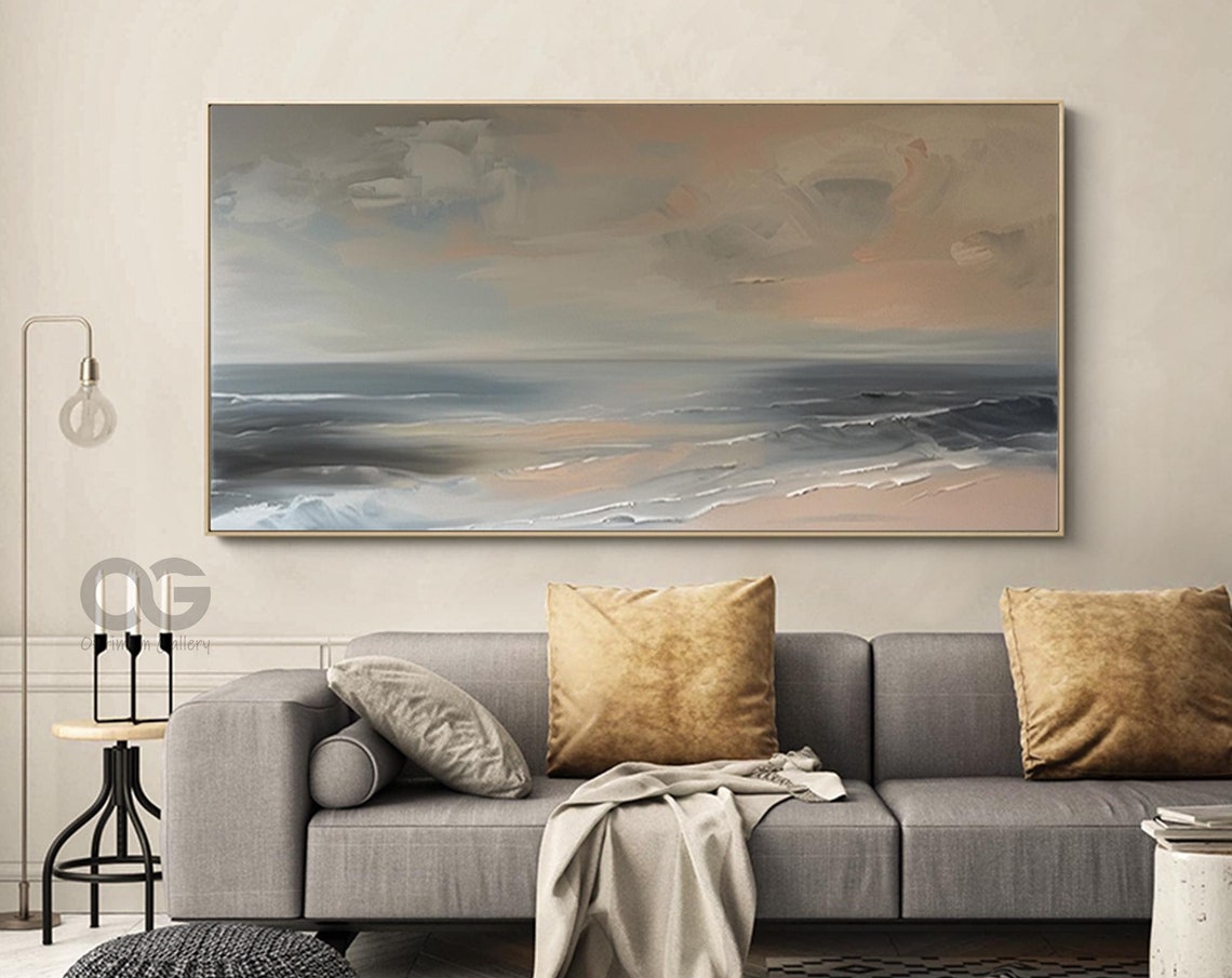 Blush Pink Ocean Sunset Waves Panoramic Impressionist Seascape Poster