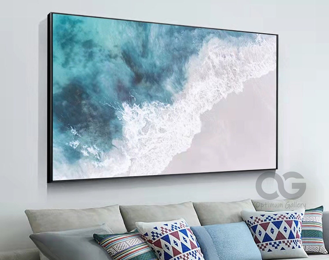 Aerial Turquoise Ocean Wave Crashing White Foam Panoramic Beach Poster