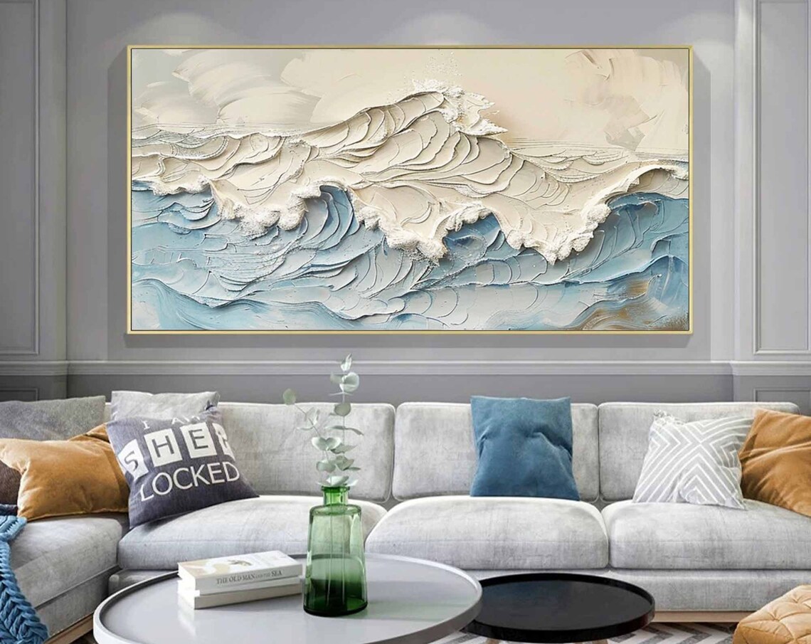 White Foam Blue Ocean Wave 3D Textured Painting Gold Framed Modern Wall Art