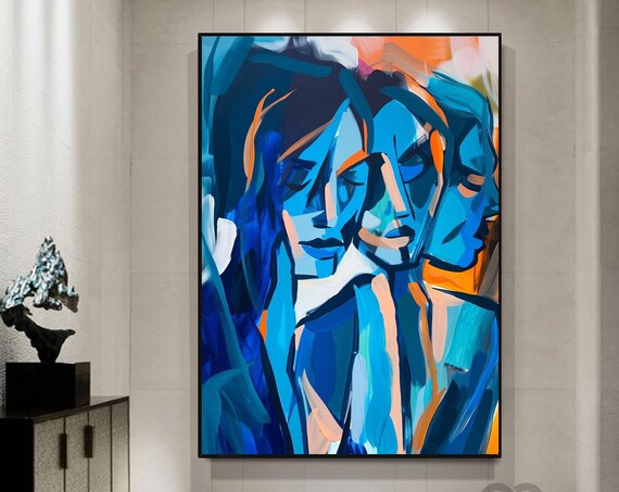 Cobalt Blue Triple Faces Abstract Expressionist Woman Group Painting Poster