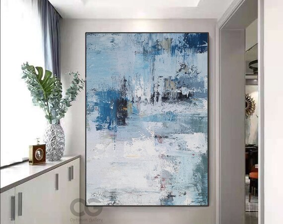 Blue White Distressed Abstract Textured Modern Vertical Painting Poster