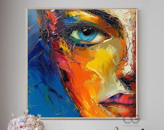 Blue Eye Close Up Impasto Abstract Bold Orange Yellow Textured Art Poster