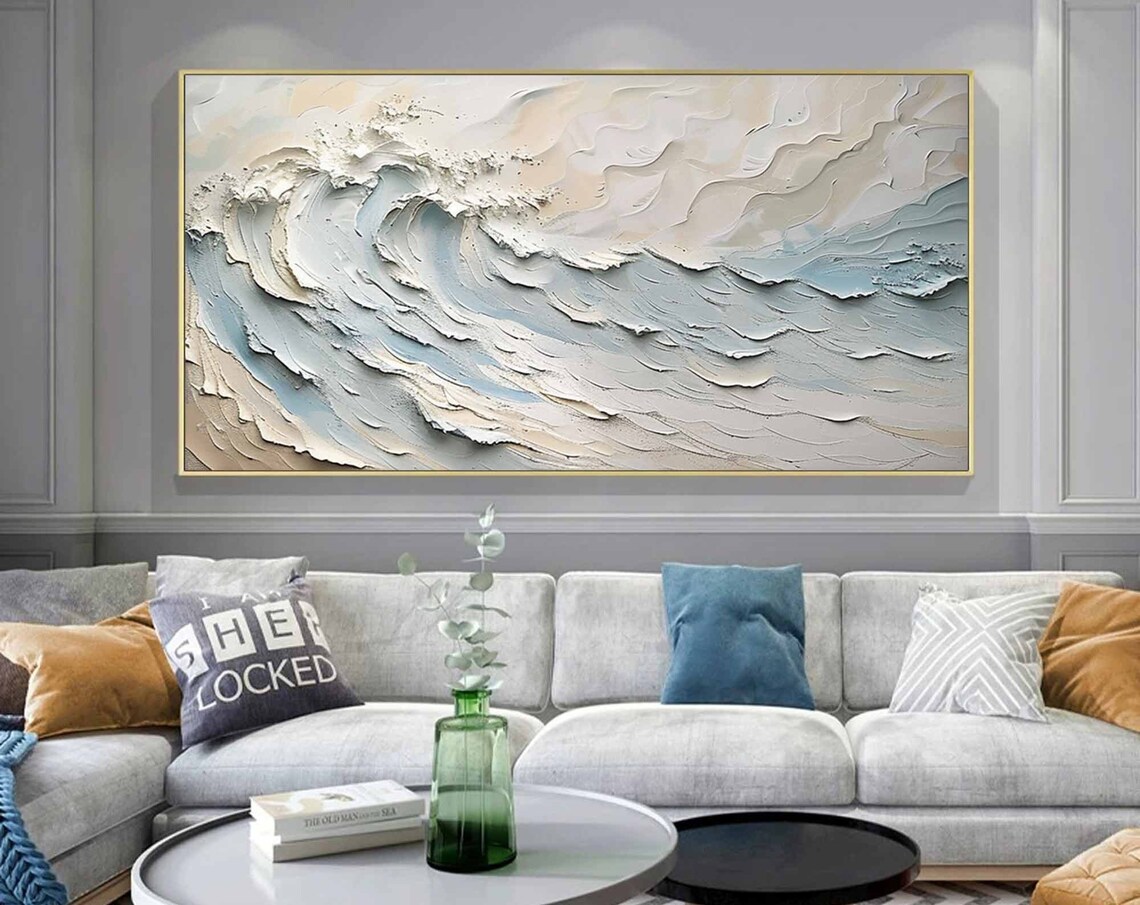Cream White Curling Wave Blue Gray 3D Textured Gold Framed Painting Wall Art