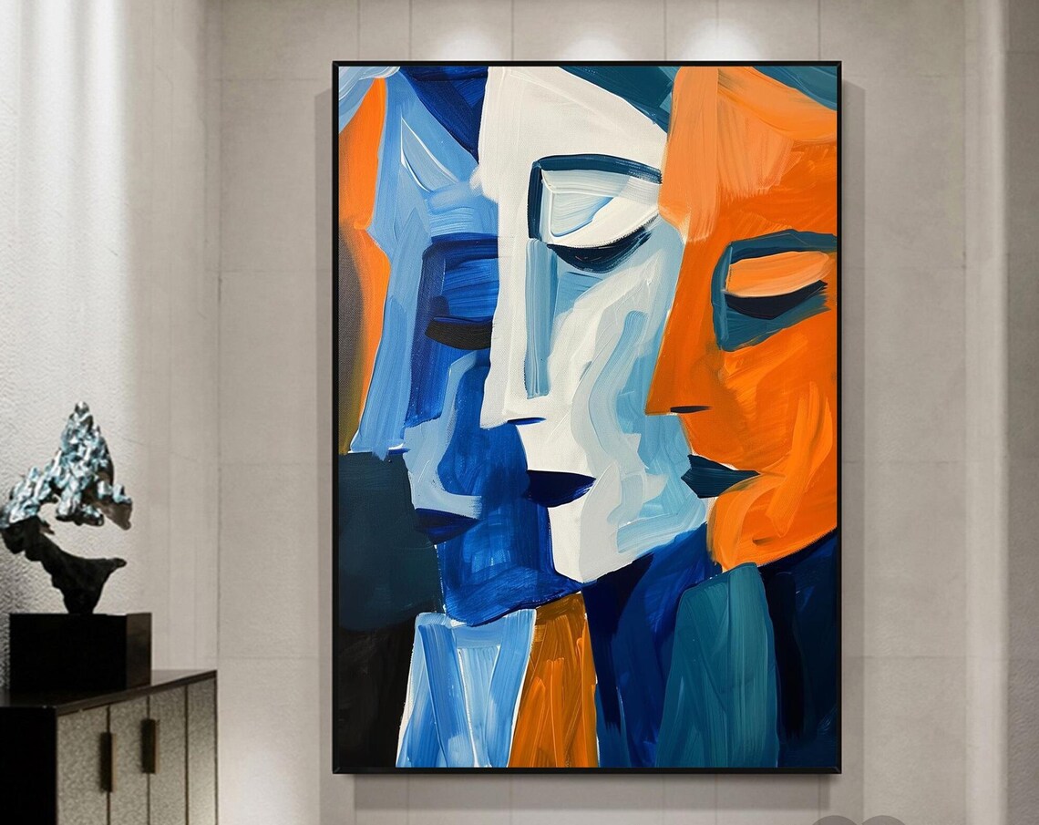 Dual Abstract Faces Blue White Orange Bold Brushstroke Cubist Art Poster