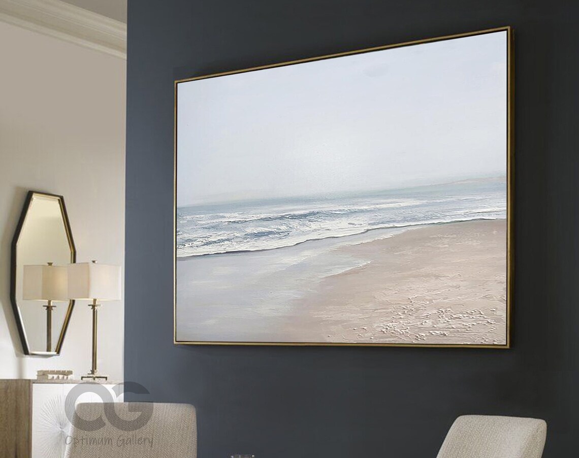 Soft White Beach Painting Gentle Waves Sandy Shore Hazy Coastal Wall Art Poster - Image 5