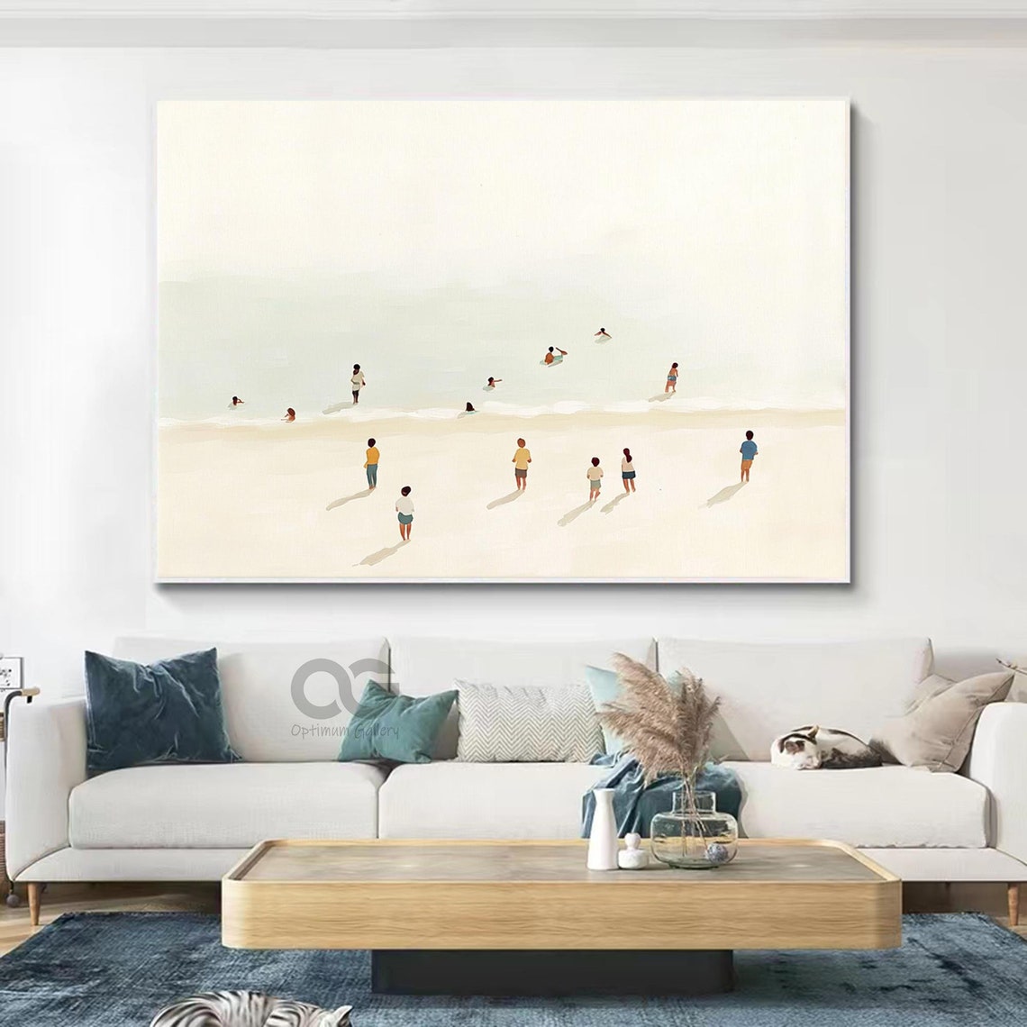Tiny Swimmers Pale Sea White Sand Shore Minimalist Summer Scene Poster