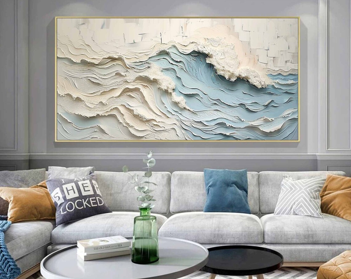 White Blue Textured Ocean Waves Abstract Painting Gold Framed Modern Wall Art