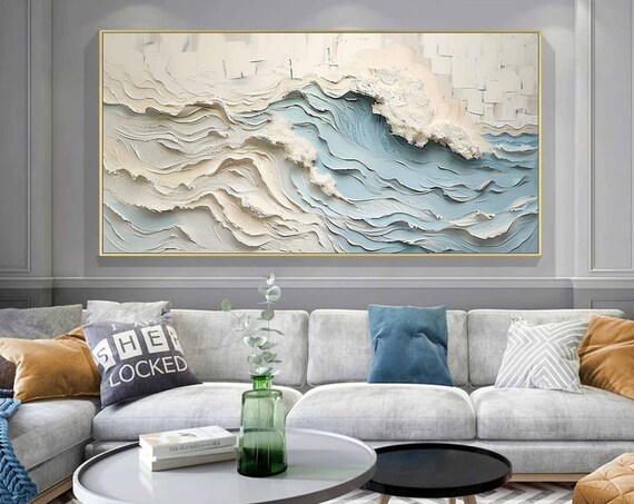 White Blue Textured Ocean Waves Abstract Painting Gold Framed Modern Wall Art