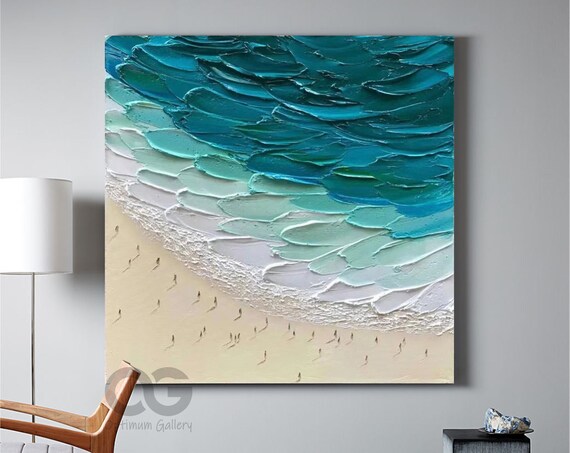 Turquoise Ocean White Beach Tiny Figures 3D Impasto Aerial Scene Poster