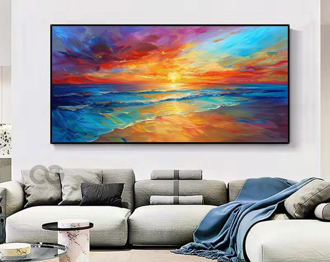 Vibrant Ocean Sunset Palette Knife Colorful Beach Waves Painting Poster