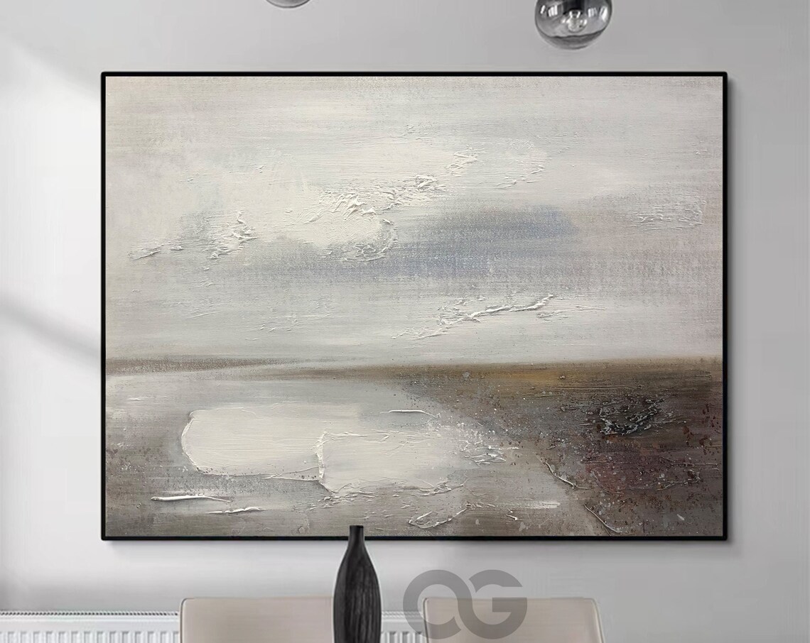 White Neutral Abstract Beach Waves Textured Minimalist Painting Wall Art