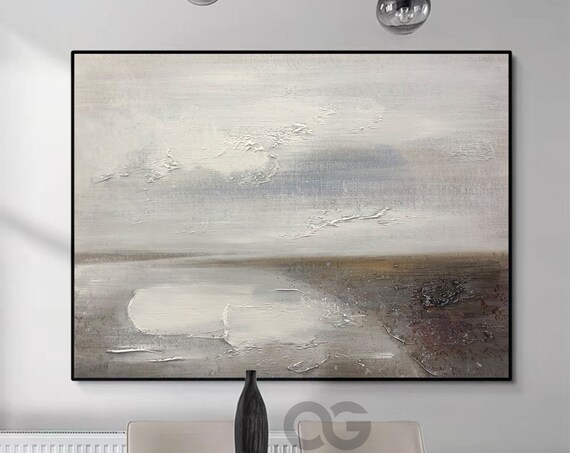 White Neutral Abstract Beach Waves Textured Minimalist Painting Wall Art