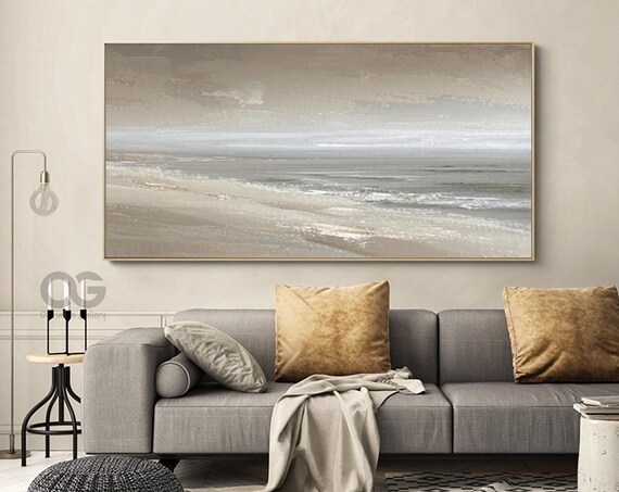 Soft Beige Misty Shoreline Minimal Panoramic Seascape Beach Poster