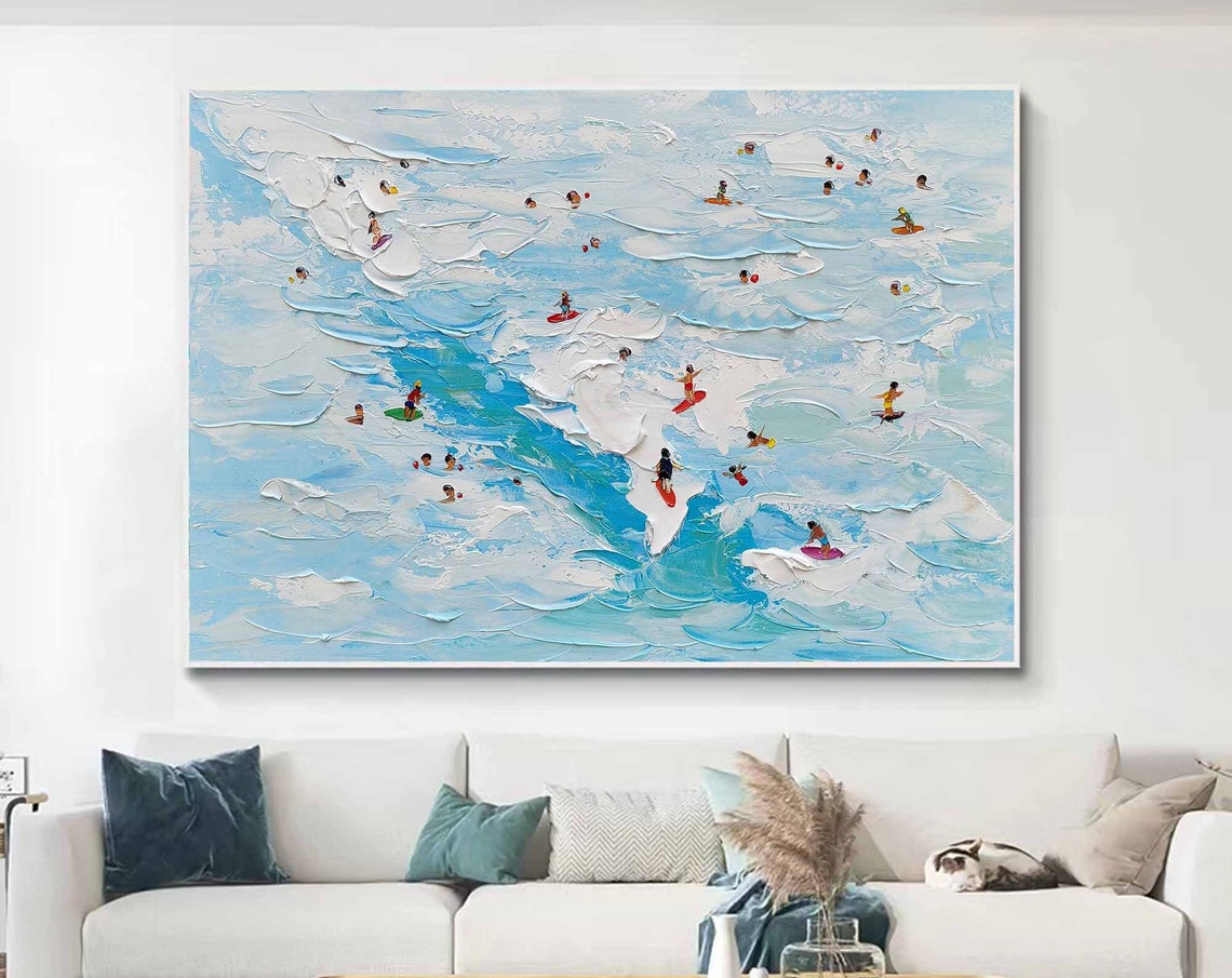 Blue Sea Tiny Swimmers Surfers Textured Waves Summer Beach Art Poster