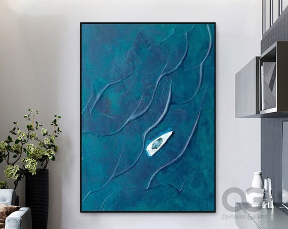 Turquoise Aerial Ocean White Canoe Abstract Minimalist Painting Wall Art