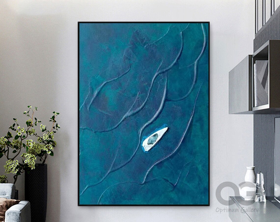 Turquoise Aerial Ocean White Canoe Abstract Minimalist Painting Wall Art