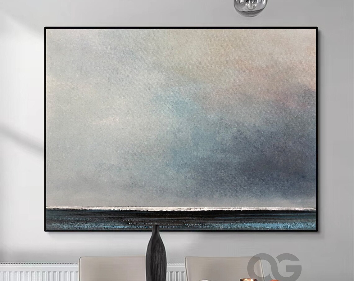 Moody Dark Seascape Abstract Ocean White Horizon Modern Painting Wall Art