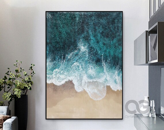 Aerial Emerald Ocean Wave Crashing Sandy Shore Vertical Beach Poster