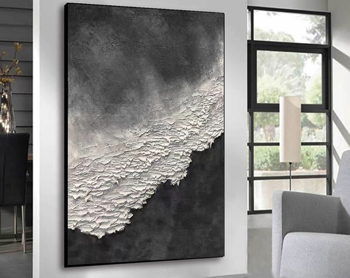 Black White Abstract Wave Grey Smoky Thick Foam Diagonal Art Poster