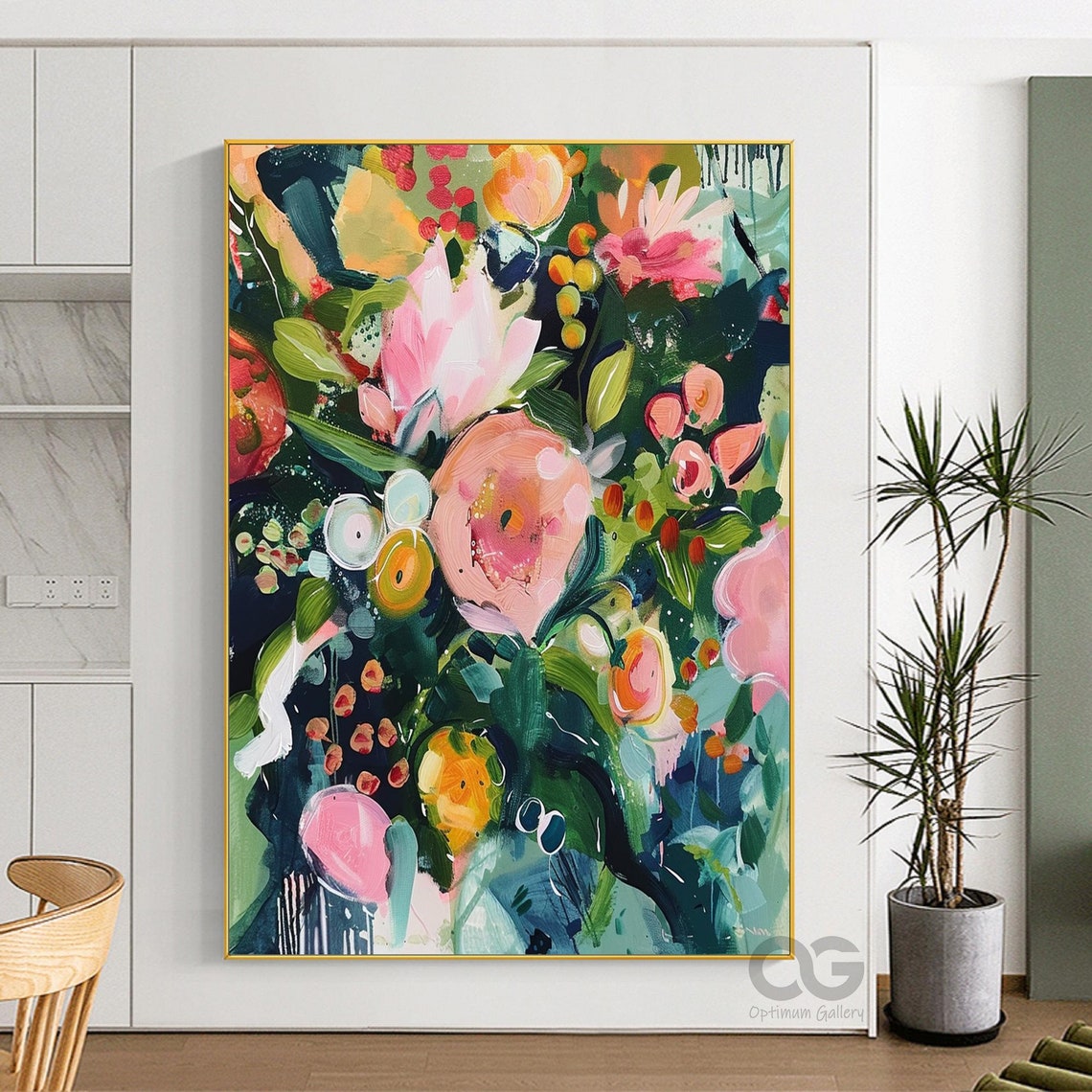 Original Garden Painting On Texture Painting Green Wall Art Colorful Flower Painting Living Room Wall Art Teal Luxurious Floral Art