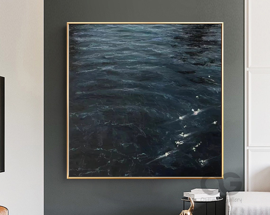 Deep Dark Blue Ocean Abstract Modern Painting Square Large Wall Art