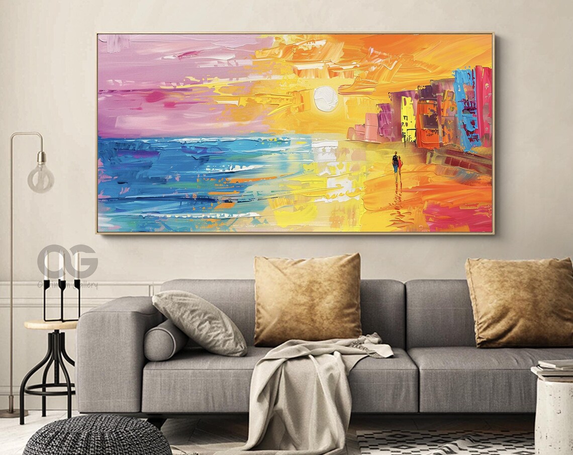 Bright Sunset Beach Couple Walking Shore Pink Orange Waves Painting Poster