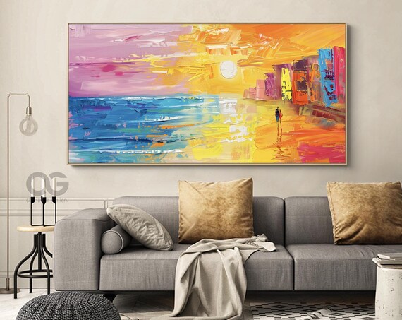 Bright Sunset Beach Couple Walking Shore Pink Orange Waves Painting Poster