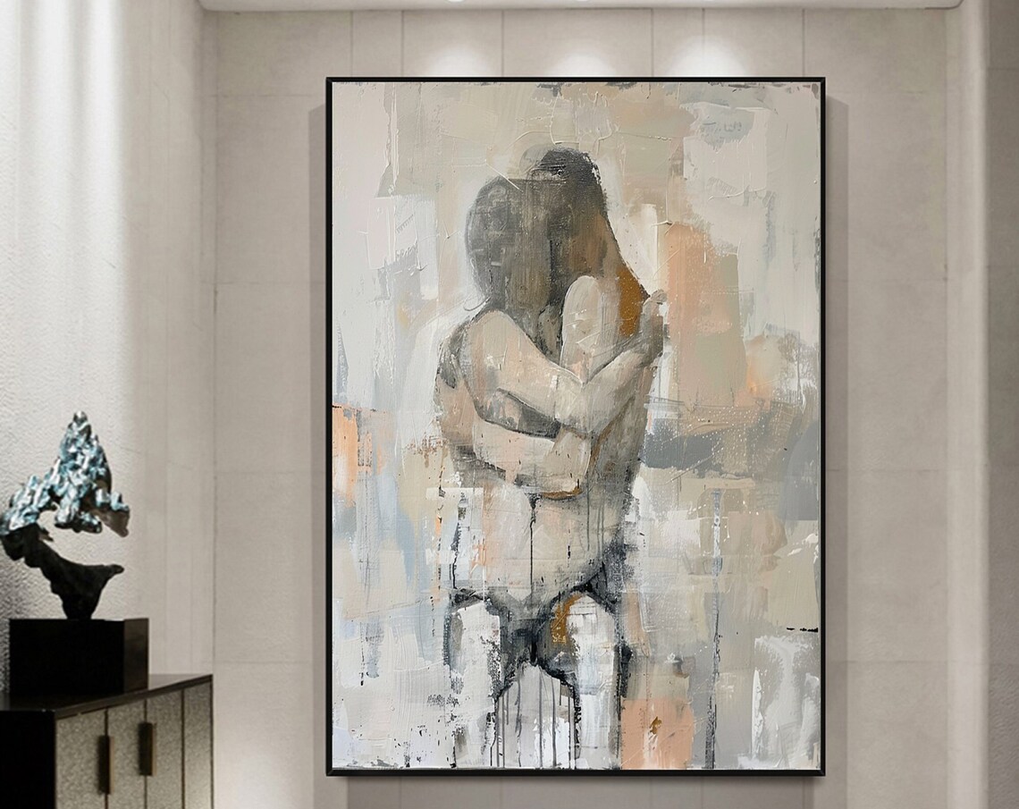 Embracing Couple Abstract Neutral Tones Romantic Figurative Love Art Print