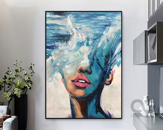 Ocean Wave Woman Face Abstract Blue Sea Painting Surreal Coastal Art Poster