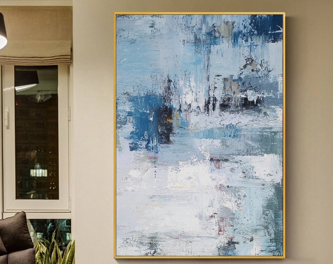 Blue White Distressed Abstract Textured Modern Vertical Painting Poster - Image 5