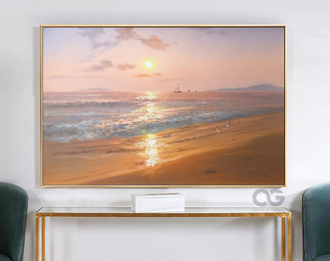 Golden Sunset Ocean Painting Sunlit Waves Beach Shore Seagull Wall Art Poster - Image 4