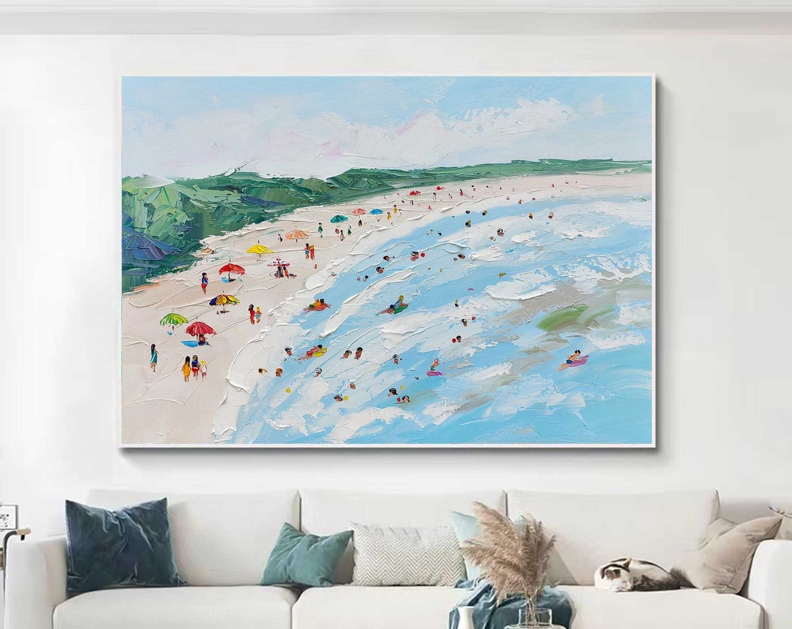 Panoramic Beach Green Dunes Umbrellas Surfers Summer Shore Art Poster
