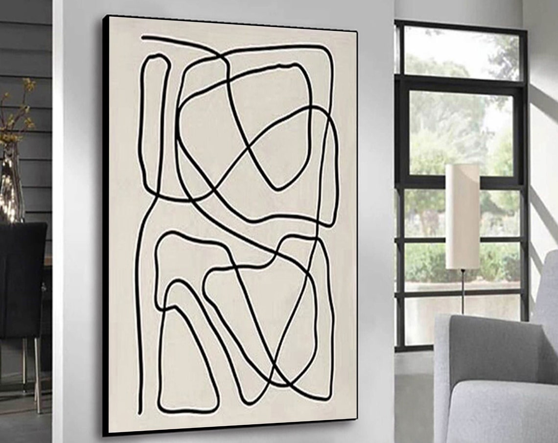 Black Continuous Line Abstract Cream Minimalist Scribble Art Poster