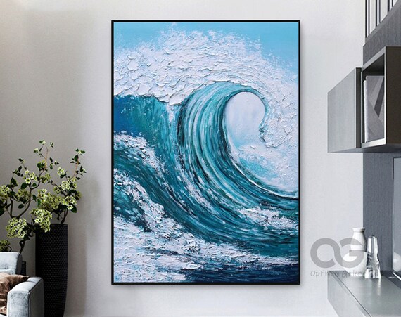 Dramatic Turquoise Ocean Wave Painting Curling Foam Impasto Vertical Wall Art Poster