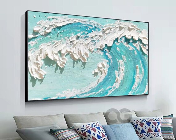 Turquoise Ocean Wave White Foam 3D Textured Impasto Modern Painting Wall Art